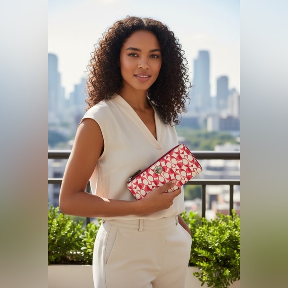 Coach Peyton Dream C Medium Zip Around Wallet in white and pomegranate EUC - Picture 2 of 7